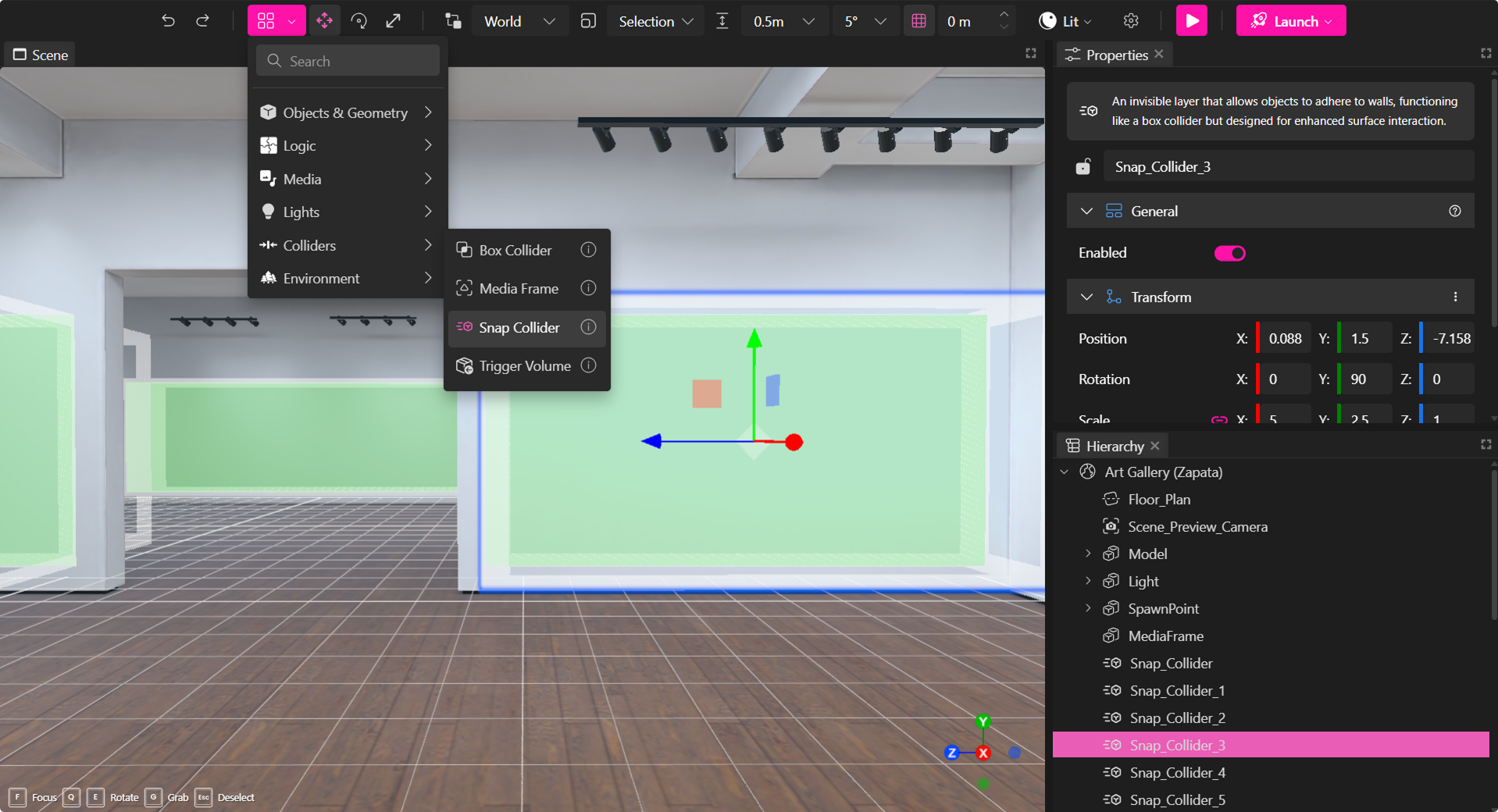 Elemento de Snap Collider en Creator